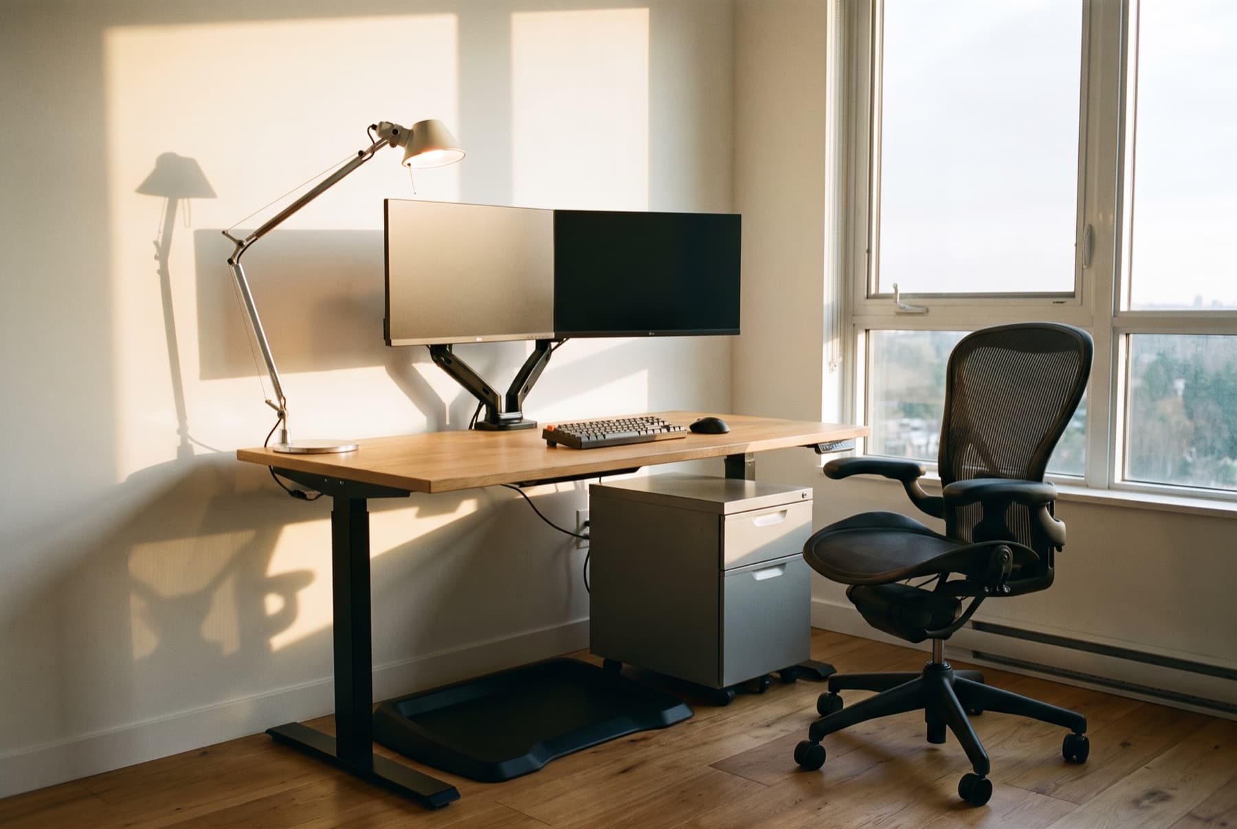 Poste de travail complet vu de côté en fin de journée : bureau assis-debout, siège ergonomique, deux écrans sur un bras double, caisson mobile
